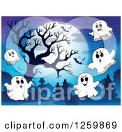 Poster, Art Print Of Full Moon Bare Tree And Flying Ghosts In A Cemetery