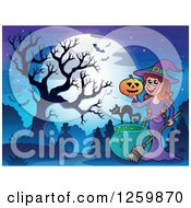 Poster, Art Print Of Halloween Witch Girl Holding A Jackolantern Over A Cauldron In A Cemetery