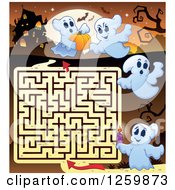 Poster, Art Print Of Haunted House Halloween Maze With Ghosts Against A Full Moon