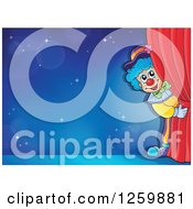 Poster, Art Print Of Circus Clown Peeking Around Red Drapes Framing A Blue Stage
