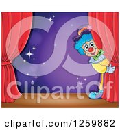 Poster, Art Print Of Circus Clown Peeking Around Red Drapes Framing A Purple Stage