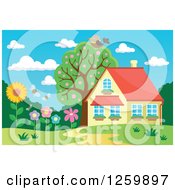 Poster, Art Print Of Bird Resting On A Tree Over A House With A Flower Garden