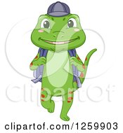Clipart Of A Cute Happy Green Gecko Walking To School Royalty Free Vector Illustration by BNP Design Studio