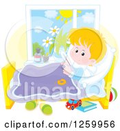 Poster, Art Print Of Sick Blond White Boy With A Thermometer Under His Arm In Bed