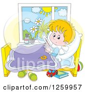 Poster, Art Print Of Sick Blond Boy With A Thermometer Under His Arm In Bed