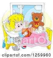 Poster, Art Print Of Cat By A Blond Caucasian Girl Reading In Bed While Recovering From An Injury