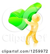 3d Gold Man Carrying A Giant Green Check Mark