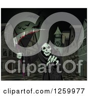 Poster, Art Print Of Grim Reaper Holding A Bloody Scythe And Reaching Out In A Town Center