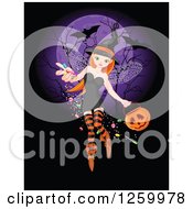 Clipart Of A Pretty Halloween Witch Fairy Sprinkling Candy Over A Purple Full Moon With Bats Royalty Free Vector Illustration