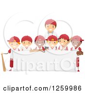 Poster, Art Print Of Group Of Happy Boys And A Coach On A Baseball Team Over A Sign