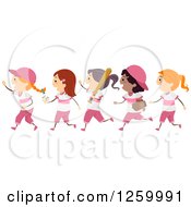 Poster, Art Print Of Happy Softball Girls Running In Pink Baseball Uniforms