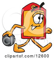 Price Tag Mascot Cartoon Character Holding A Bowling Ball