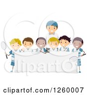 Poster, Art Print Of Coach And Group Of Happy Tennis Team Boys Over A Blank Sign