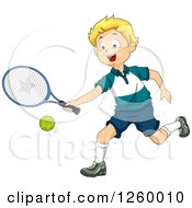 Poster, Art Print Of Blond Caucasian Boy Playing Tennis