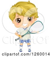 Blond Caucasian Boy Holding A Squash Racket