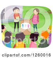 Clipart Of A Couple Announcing The Gender Of Their Baby To Their Friends And Family Royalty Free Vector Illustration