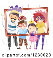 Poster, Art Print Of Happy Stick Family With Party Accessories Posing And Holding A Frame