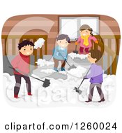 Happy Family Shoveling Snow Together