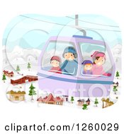 Happy Family Taking A Cable Car Gondola Ride Over A Village In The Winter