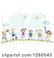 Clipart Of Sketched Stick Kids With Sports Equipment Royalty Free Vector Illustration by BNP Design Studio