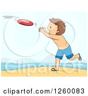 Poster, Art Print Of Caucasian Boy Playing Frisbee On A Beach