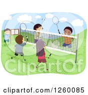 Happy Children Playing Badminton On An Outdoor Court