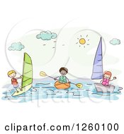 Sketched Stick Kids Boating And Windsurfing