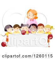 Clipart Of Happy Basketball Girls And A Coach Over A Sign Royalty Free Vector Illustration