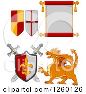 Poster, Art Print Of Heraldic Flags Scroll Swords Shield And Dragon