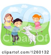 Clipart Of A Boy And Girls Playing With A Dog Outside Royalty Free Vector Illustration