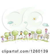 Poster, Art Print Of Sketched Stick Kids Playing At A Summer Camp