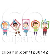 Poster, Art Print Of Group Of Happy Children Wearing Party Hats And Posing In Frames