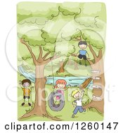 Clipart Of Sketched Stick Kids Playing In The Woods Royalty Free Vector Illustration by BNP Design Studio