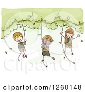 Poster, Art Print Of Sketched Jungle Stick Kids Swinging From Ropes