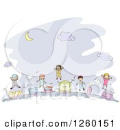 Clipart Of Sketched Stick Kids In Pajamas Royalty Free Vector Illustration