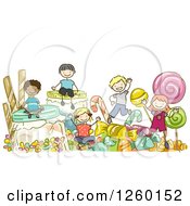 Clipart Of Sketched Stick Kids Playing In Giant Candy Royalty Free Vector Illustration