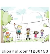 Poster, Art Print Of Sketched Stick Kids Ziplining