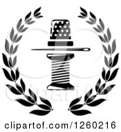 Clipart Of A Black And White Thimble Needle And Spool Of Thread In A Laurel Wreath Royalty Free Vector Illustration by Vector Tradition SM