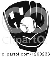 Clipart Of A Black And White Baseball In A Mitt Royalty Free Vector Illustration