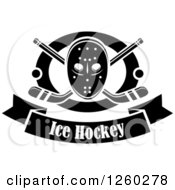 Clipart Of A Black And White Hockey Mask Over Crossed Sticks And Pucks In A Ring Above A Text Banner Royalty Free Vector Illustration