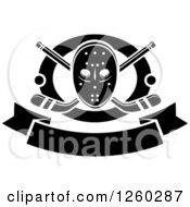 Poster, Art Print Of Black And White Hockey Mask Over Crossed Sticks And Pucks In A Ring Above A Blank Banner