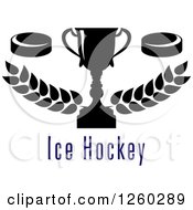 Clipart Of Hockey Pucks And A Trophy With A Laurel Over Text Royalty Free Vector Illustration