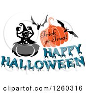 Clipart Of A Witch Bats And Pumpkin With Happy Halloween Trick Or Treat Text Royalty Free Vector Illustration