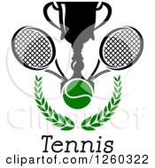 Poster, Art Print Of Trophy Cup With A Tennis Ball And Rackets Over A Laurel Over Text