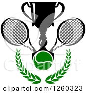 Clipart Of A Trophy Cup With A Tennis Ball And Rackets Over A Laurel Royalty Free Vector Illustration
