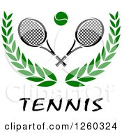 Clipart Of A Tennis Ball And Rackets Over A Laurel And Text Royalty Free Vector Illustration