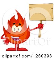 Happy Fireball Flame Character Holding Up A Blank Wood Sign