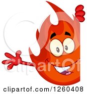 Clipart Of A Happy Fireball Flame Character Waving Around A Sign Royalty Free Vector Illustration