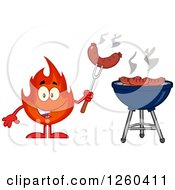 Clipart Of A Happy Fireball Flame Character Roasting Sausages On A Bbq Grill Royalty Free Vector Illustration