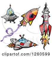 Clipart Of An Alien With Rockets And A Flying Saucer Royalty Free Vector Illustration